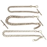 Three silver alberts, c1900, various lengths with T-bar, links individually marked and an additional
