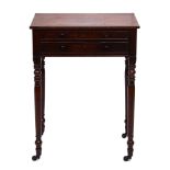 An early Victorian mahogany work table, fitted with two drawers, on turned legs with brass