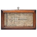 Paper money. Bellairs, Sons & Co Derby Bank One Pound, 11 April 1811, oak frame The collection of C.