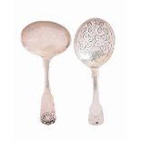 Two George III silver caddy spoons, Fiddle and Fiddle and Shell pattern, the first with engraved