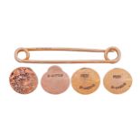 A gold safety pin, 45mm l, marked 9ct and two pairs of 9ct gold dress studs, 6.1g (5) The collection