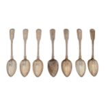 A set of seven George III silver dessert spoons, Fiddle pattern, crested, by Thomas Dicks, London