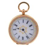 A Swiss gold cylinder lady's watch, late 19th c, with enamel dial in engraved case, base metal
