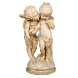 A French or Italian alabaster group of Putto and an infant girl, late 19th c, by a stump with a