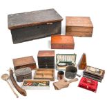 Miscellaneous Victorian and later bygones, to include a copper saucepan, velvet jewel box, bird