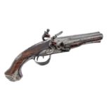 An English 32 bore silver mounted full stock double barrel flintlock pistol, c1770, the barrels with