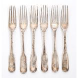 A set of six George III silver dessert forks, Fiddle pattern, crested, by Richard Crossley, London