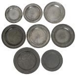 Four English pewter chargers and four dishes, 18th and early 19th c,  two with contemporary