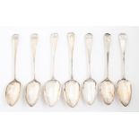 Five George III and two George IV silver tablespoons, Old English pattern, including three