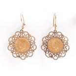 Gold coins. United States of America Dollar 1853, two, mounted in gold filigree earrings, 24mm diam,