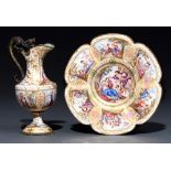 A Viennese enamel and gilt silver coloured metal miniature rosewater ewer and stand, c1900, the