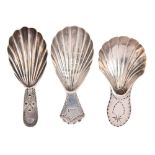 Three George III silver caddy spoons,  with fluted shell bowl, all London, by various makers,