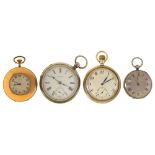 Two silver lever watches and two gold plated or nickel plated keyless lever watches, late 19th -
