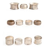 Seven and a pair of silver  napkin rings, Victorian-Elizabeth II and a pair of Continental silver