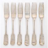 A set of six Edwardian silver table forks, Fiddle pattern, by John Round & Son Ltd, Sheffield