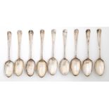 Five and a composed set of four George II-III silver  tablespoons, Hanoverian pattern, all London,