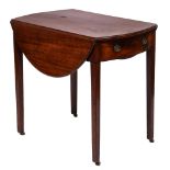 A George III mahogany Pembroke table, with oval top on square tapered legs and leather drum castors,