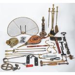 Miscellaneous Victorian and early 20th c metalwork and objects, to include hearth furniture,