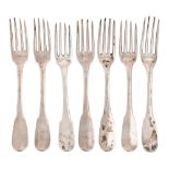 Seven French silver forks, Fiddle pattern, by various makers, early 19th c, 13ozs 15dwts The
