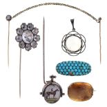 A Victorian turquoise brooch, gold back, 30mm, marked 9ct, a silver stickpin, an Arts and Crafts