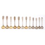 Six pairs of George III and Victorian silver salt spoons,  Old English and Fiddle pattern, all