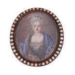 A gold brooch set with a portrait miniature of a lady, 19th c, in split pearl surround, ivory, oval,