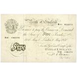 Bank of England, Beale, white £5 R 45 May 8 1950 Creases and pin holes