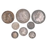 Coins, United Kingdom, Crowns, 1819 minor brushing EF; 1902 EF; 1/- 1816 EF; Sixpences, 1787 EF (2);