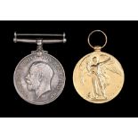 WWI pair, British War Medal and Victory Medal 214380 Pte C Clark Bord R and a copper powder flask