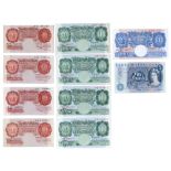 Paper Money.  Bank of England, Peppiatt Ten Shillings, H- (2), E and C - One Pound green, -D (2), -E
