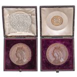 1887, Golden Jubilee, by Allan Wyon, bronze 64mm, box of issue, E,1734 BHM 3290, good EF+; another