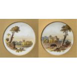 A pair of framed Rockingham plate-centres, c1830-42, painted with a landscape, 70mm diam, puce