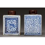 Two Chinese export blue and white tea caddies, early 19th c, painted with flower and tendrils, one