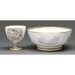 A Chamberlain's Worcester goblet and punch bowl, c1800, decorated with bat prints of landscapes or a