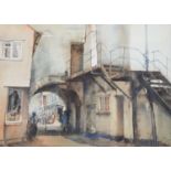 H F Adams (Fl. 20th c) - Street Scene, signed, watercolour, 49 x 68cm Good condition