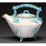 A Belleek Thorn tea kettle and cover, 1863-1890, painted in turquoise and blue, rims gilt, 18cm h,
