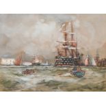 British Marine School - A Man-of-War and Schooners off Dover, indistinctly signed, watercolour and