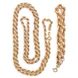 A gold rope necklace, 74cm l, marked 9k, 11.8g  and a similar gold bracelet marked 750, 11.8g (2)