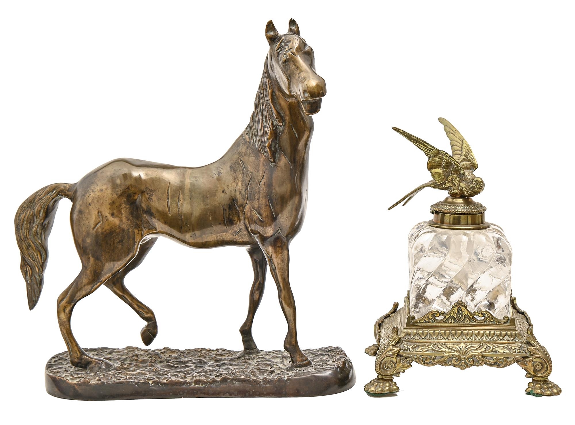 A bronze sculpture of a horse, 39cm h and a Victorian brass mounted spirally lobed square glass