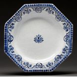 A French octagonal faience dish, possibly Moustiers, 18th c, painted in cobalt with a central floral