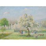 20th c School - Children Playing Beneath a Tree in Blossom, signed - Gerasi, oil on panel, 45 x 59.