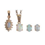 Two opal pendants and a pair of ear studs, in gold and a 9ct gold necklet, various sizes, 4.6g (5)