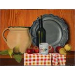 A Fremont, 20th c - Still Life with Apples and Pears on a Gingham Table Cloth, oil on canvas, 46 x