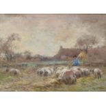 Claude Hayes ROI, RSW (1852-1922) - The Sheep Fold, signed, pastel, 26.5 x 37cm Good condition, long