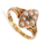 A Victorian emerald and split pearl ring, in 15ct gold with fluted shoulders, Birmingham 1871, 2.2g,