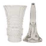 A Baccarat glass lamp, 30cm h, etched mark, lacks fitment and a cut glass vase (2) Good condition