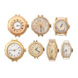 One 14ct, one 15ct and five 18ct gold  lady's watches, first half 20th c, 84.5g All with faults
