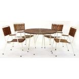A white painted tubular metal round garden table, with teak slatted top and a set of four elbow