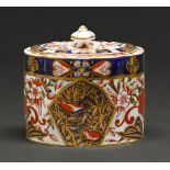 A Crown Derby oval Japan pattern biscuit box and cover, 1881, 13cm h, printed mark Localised rubbing