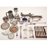 Miscellaneous plated ware, to include flatware, pheasant table ornaments and a pewter mug Mostly